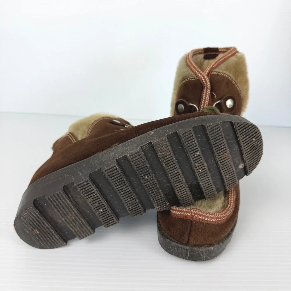 Vintage Made in Italy Brown Suede Faux Fur Apres Ski Boots Womens 9 Lug Sole‎